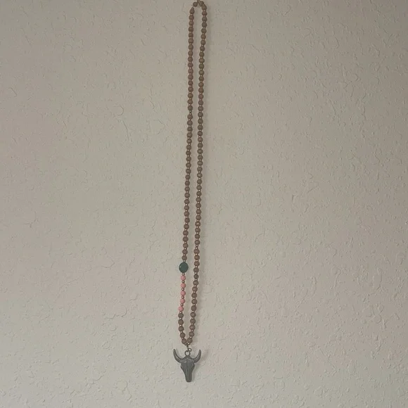 Boho Wooden Bead Bull Skull Necklace - Picture 7 of 7